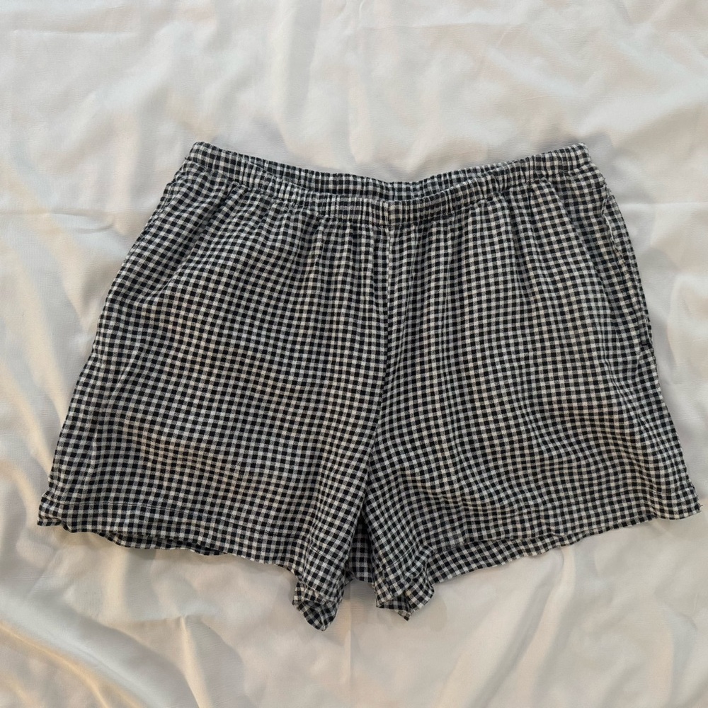 a new day Mid-Rise Linen Pull On Shorts w/ Pockets, Black Gingham, Size Small